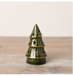 A sophisticated LED tree in a rich forest green ceramic, adorned with a striking gold trim.