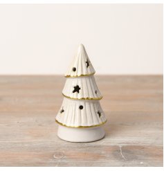 A delightful LED tree with a natural white glaze, gold trim, and intricate star and dot cutouts.