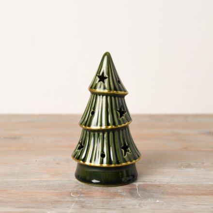 A stunning forest green Christmas LED tree with gold trim, a ribbed texture and star cutouts. 