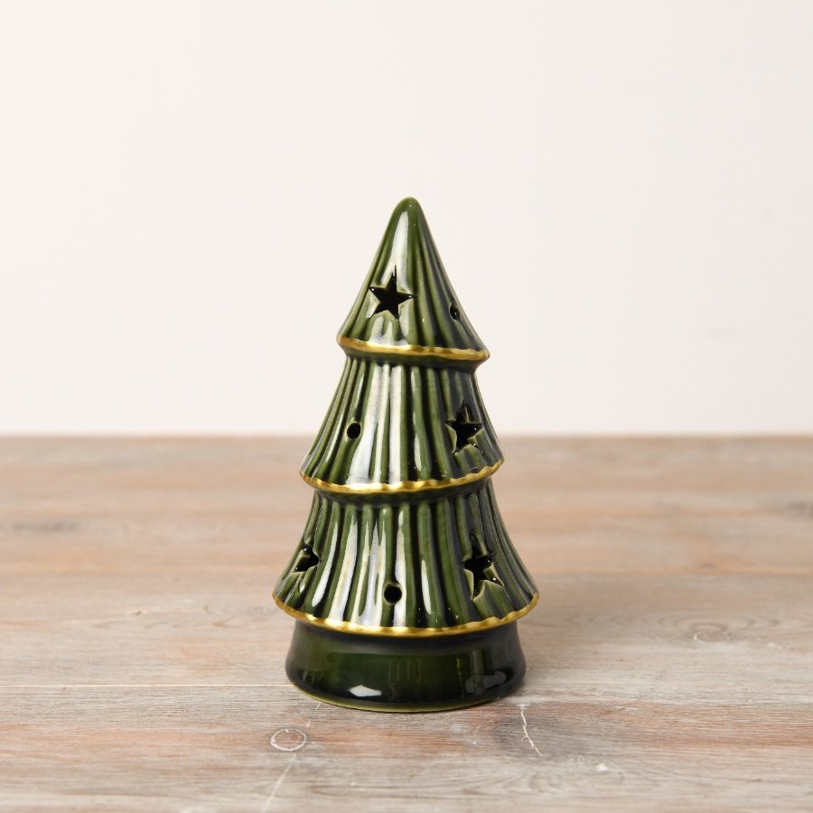 A stunning and on trend LED tree in a rich forest green, adorned with gold trim