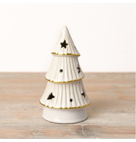 A captivating LED tree embellished with a natural white glaze, intricate gold accents, and delightful star cutouts.