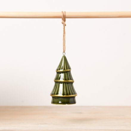 A ceramic tree featuring a stylish green hue with gold trim