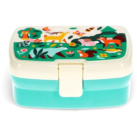 A colourful and practical lunch box with an added tray in a animated woodland design. 