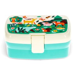 A colourful and practical lunch box with an added tray in a animated woodland design. 