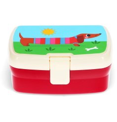A handy travel sized lunch box great for a child featuring a happy sausage dog illustration. 