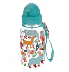 A woodland themed children's water bottle featuring a straw and a carry handle in a lovely bright blue colour. 