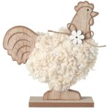 A cute wooden chicken ornament with a fluffy body. 