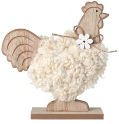 A cute wooden chicken ornament with a fluffy body. 