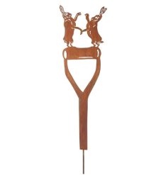 A pair of hares on top of a spade stake, perfect for adding charm into the garden.