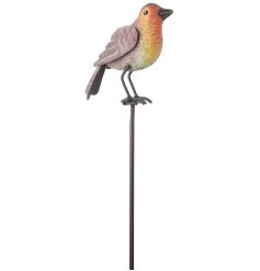 An adorable metal bird stake perfect for adding charm to any garden space.