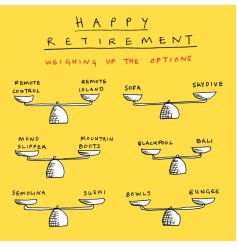 Weigh up the options with this colourful retirement greetings card.