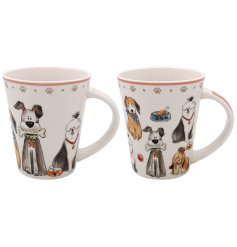 A sturdy mug designed with an array of different breed dogs and a grey paw print pattern around the top of the rim. 