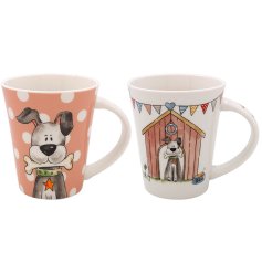 An adorable pink and white mug featuring a dog holding a bone in 2 assorted designs. 