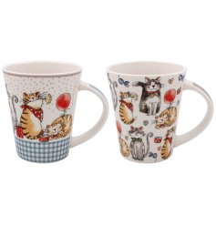 A cute mug featuring happy smiling cats and a plaid pattern.