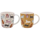 A colourful cat themed mug in 2 assorted designs complete with a gift box. 