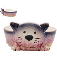 A lovely pink and blue pet bowl designed in the shape of a cat.