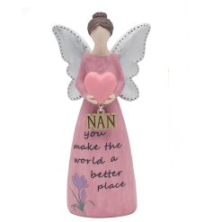 A pink 'Nan' angel decoration holding a matching  coloured heart with a quote and dangler. 