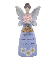 A blue angel figure holding a bouquet of flowers with a ''granddaughter' dangler. 