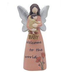 A figure of an angel holding a baby with scripted text.