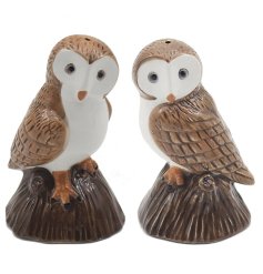 A neutral and brown salt and pepper set displaying owls perched on wood.