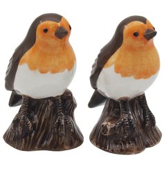 A lovely salt and pepper set featuring a Robin perched on a tree stump.