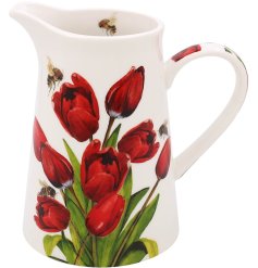 A lovely jug with red tulips and bee illustrations.
