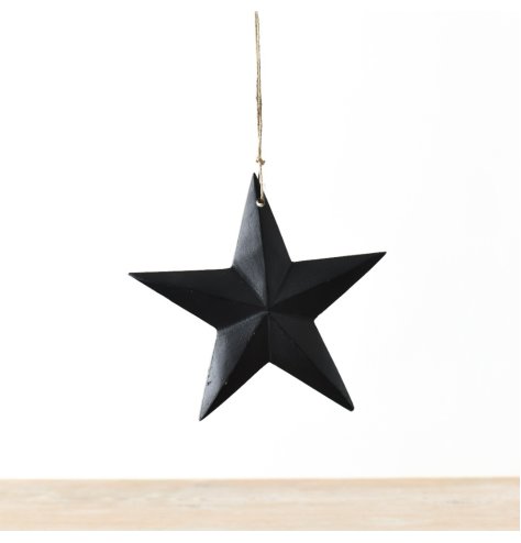 An elegant star-shaped hanger boasting a matte black finish and a jute string for hanging.