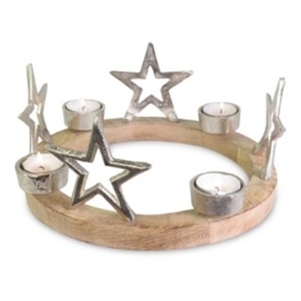 Wooden Ring with Star & Tea light Holder, 25cm