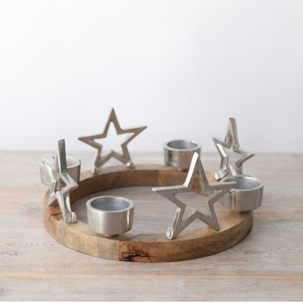 Star Design Tea Light Holder Wood Ring Deco, 25cm