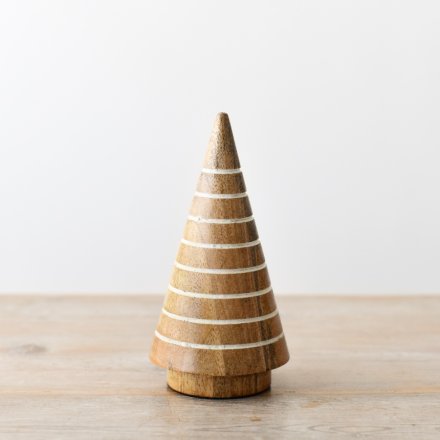 A beautifully stylish and chic Christmas tree made from mango wood, featuring an engraved white stripe design.