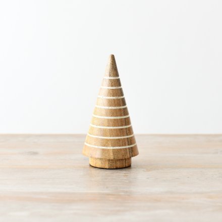 A stylish and simple wooden Christmas tree ornament complete with a white engraved striped detail.