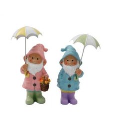 Dressed in raincoat and wellies holding a bright umbrella, this gnome adds a touch of magic to your garden
