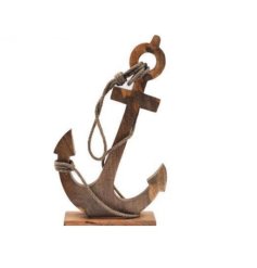 A wooden anchor ornament featuring a rope decal design, perfect for adding a touch of coastal charm to any setting.