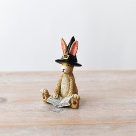 A delightful bunny rabbit adorned with a spellbook and a spooky witch's hat.