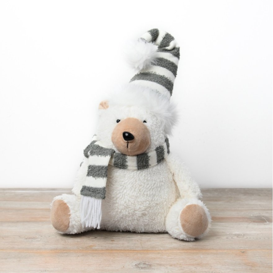 Polar Bear Plush W/ Striped Scarf & Hat, 38cm