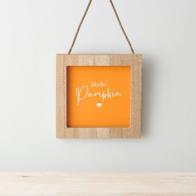 A beautiful wooden sign in orange with a charming 'hello pumpkin' slogan.