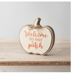Welcome to our patch. A stylish wooden block sign in rich cream and orange autumnal colours. 