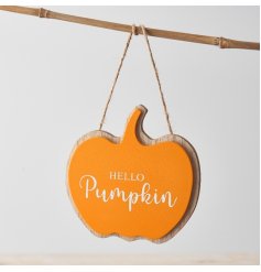A charming pumpkin shaped sign in a rich, earthy orange colour. Double layered with a jute string hanger.