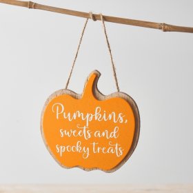 Pumpkins, sweets and spooky treats. A charming and unique double wooden pumpkin sign with jute string hanger.