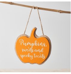 A colourful pumpkin shaped sign with a unique Pumpkins, sweets and spooky treats slogan. 