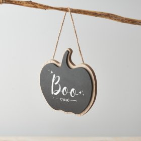 A stylish and unique pumpkin shaped wooden plaque with jute string hanger.