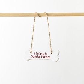 A delightful ceramic ornament crafted in the shape of a bone, showcasing the message 