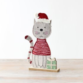 Festive Felt Cat On Base, 27cm 