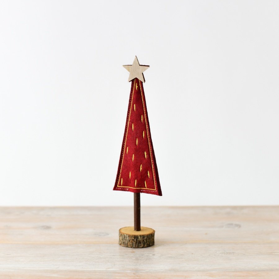 Red Felt Tree on Wooden Base