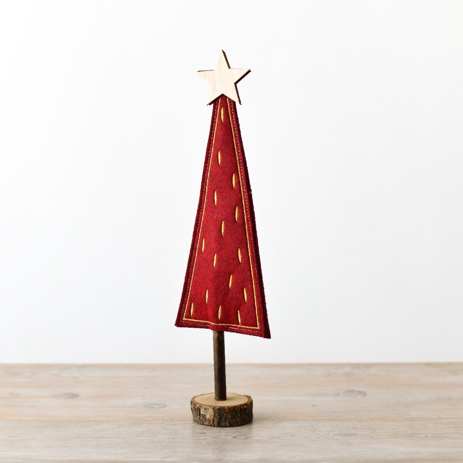 Red & Gold Felt Tree w/ Wooden Base, 36cm