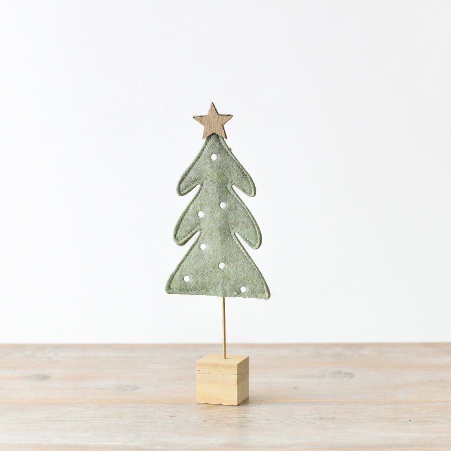 Green Felt Tree On Wooden Base, 21cm