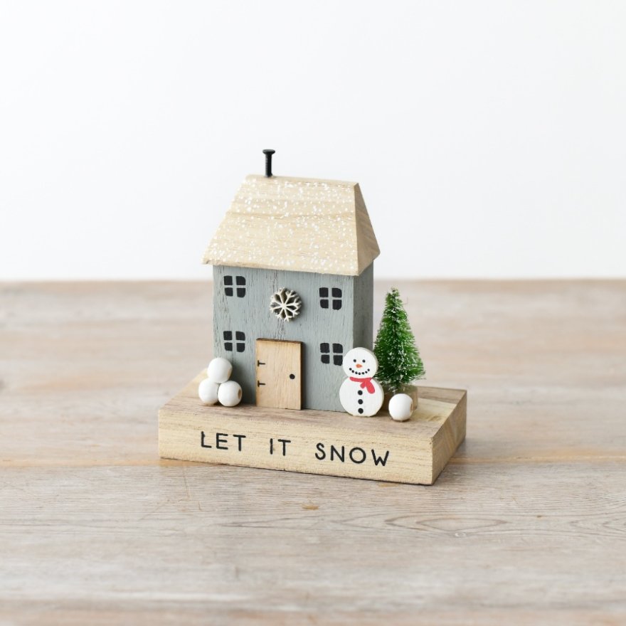 Festive Wooden Block House with Snowman