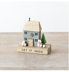 Let It Snow Wooden Block House with Snowman