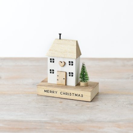 Merry Christmas Wooden House Block with Heart