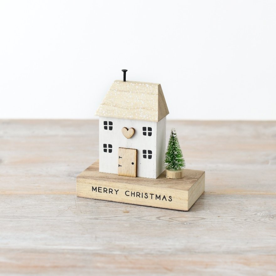 Merry Christmas Wooden House Block with Heart, 12cm